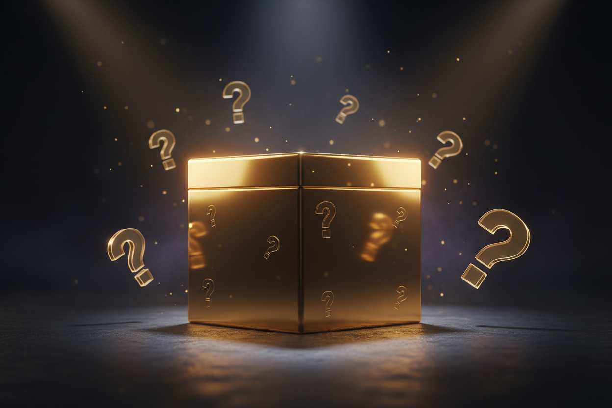 gold mystery box, no ribbons, no bows