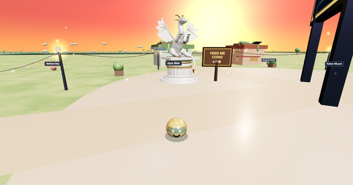 Printville: a glowing ploop avatar in a sunset 3D plaza with a marble dragon statue on a Greek column